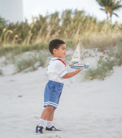 Little Sailor Suit – Hand Embroidered Cotton Linen Boutique Boys Suit | Nautical Heirloom Style Special Occasion