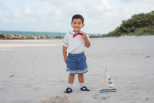 Little Sailor Suit – Hand Embroidered Cotton Linen Boutique Boys Suit | Nautical Heirloom Style Special Occasion
