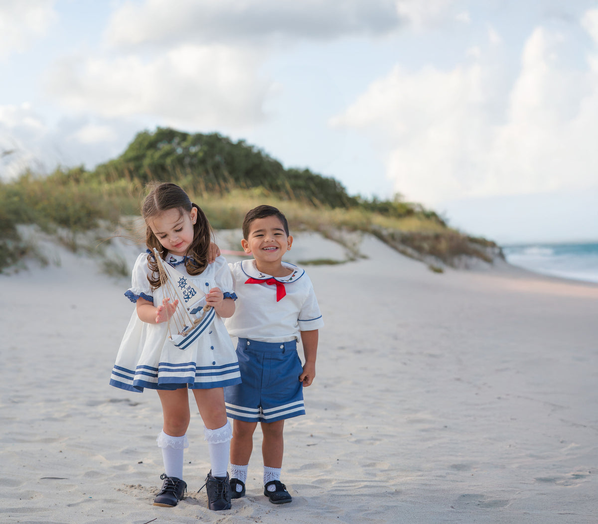 Seaside Elegance Dress – Hand Embroidered Cotton Linen Boutique Girls Dress | Nautical Lace Puff Sleeve Heirloom Style