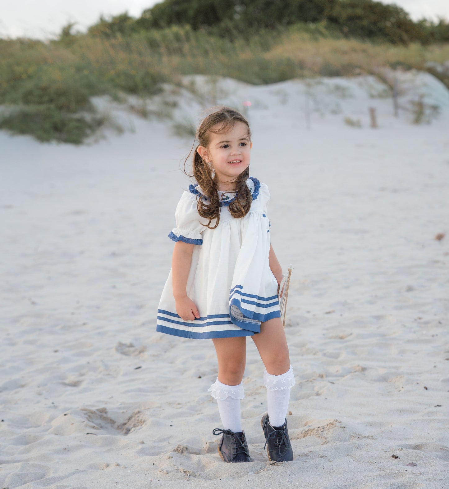 Seaside Elegance Dress – Hand Embroidered Cotton Linen Boutique Girls Dress | Nautical Lace Puff Sleeve Heirloom Style