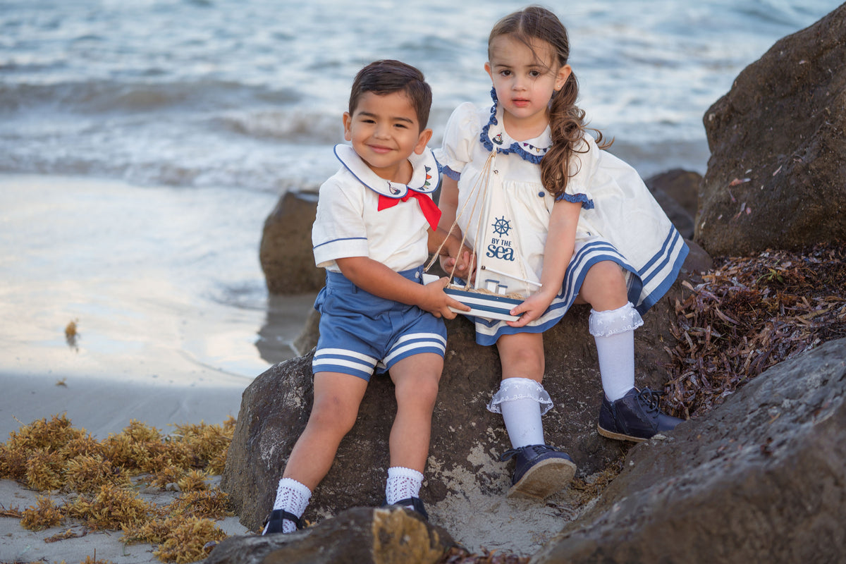 Little Sailor Suit – Hand Embroidered Cotton Linen Boutique Boys Suit | Nautical Heirloom Style Special Occasion