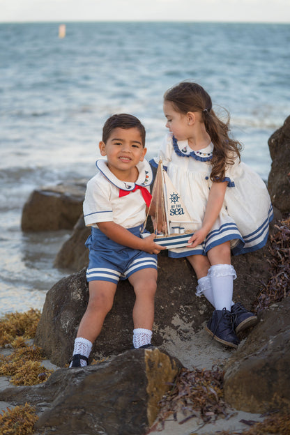 Little Sailor Suit – Hand Embroidered Cotton Linen Boutique Boys Suit | Nautical Heirloom Style Special Occasion
