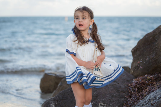 Seaside Elegance Dress – Hand Embroidered Cotton Linen Boutique Girls Dress | Nautical Lace Puff Sleeve Heirloom Style