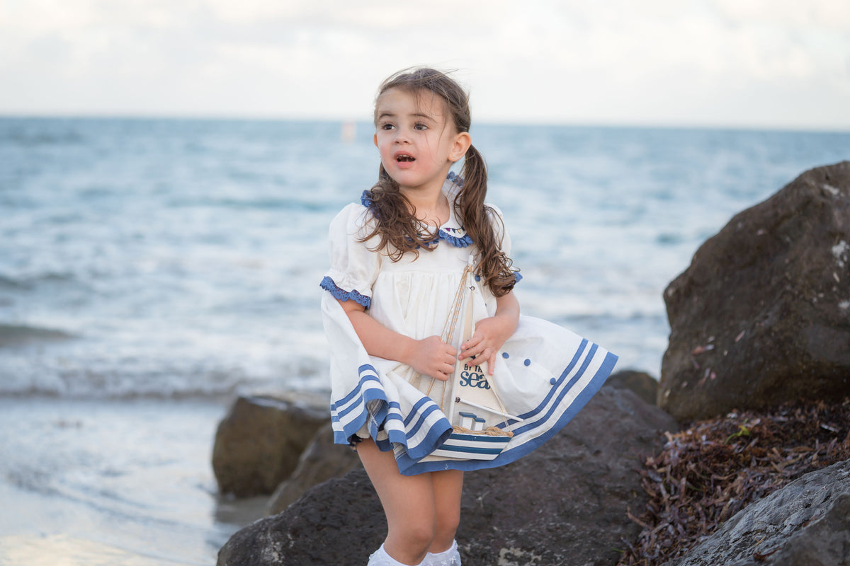 Seaside Elegance Dress – Hand Embroidered Cotton Linen Boutique Girls Dress | Nautical Lace Puff Sleeve Heirloom Style