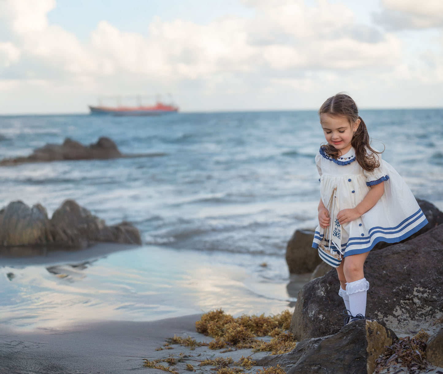 Seaside Elegance Dress – Hand Embroidered Cotton Linen Boutique Girls Dress | Nautical Lace Puff Sleeve Heirloom Style