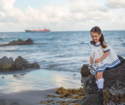 Seaside Elegance Dress – Hand Embroidered Cotton Linen Boutique Girls Dress | Nautical Lace Puff Sleeve Heirloom Style