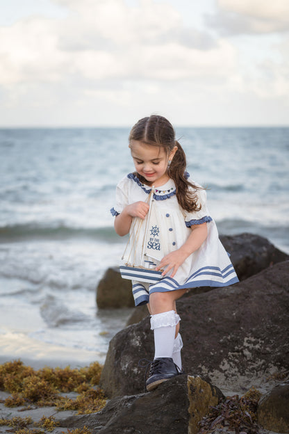 Seaside Elegance Dress – Hand Embroidered Cotton Linen Boutique Girls Dress | Nautical Lace Puff Sleeve Heirloom Style