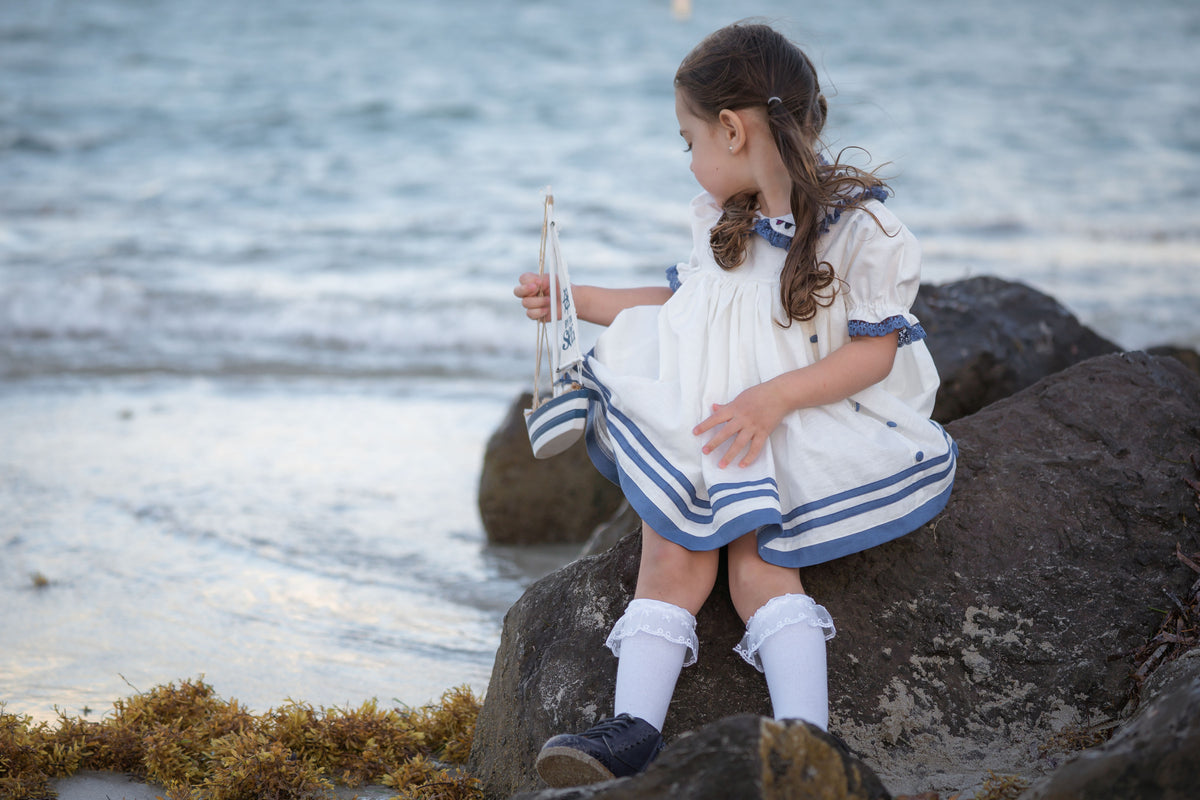 Seaside Elegance Dress – Hand Embroidered Cotton Linen Boutique Girls Dress | Nautical Lace Puff Sleeve Heirloom Style
