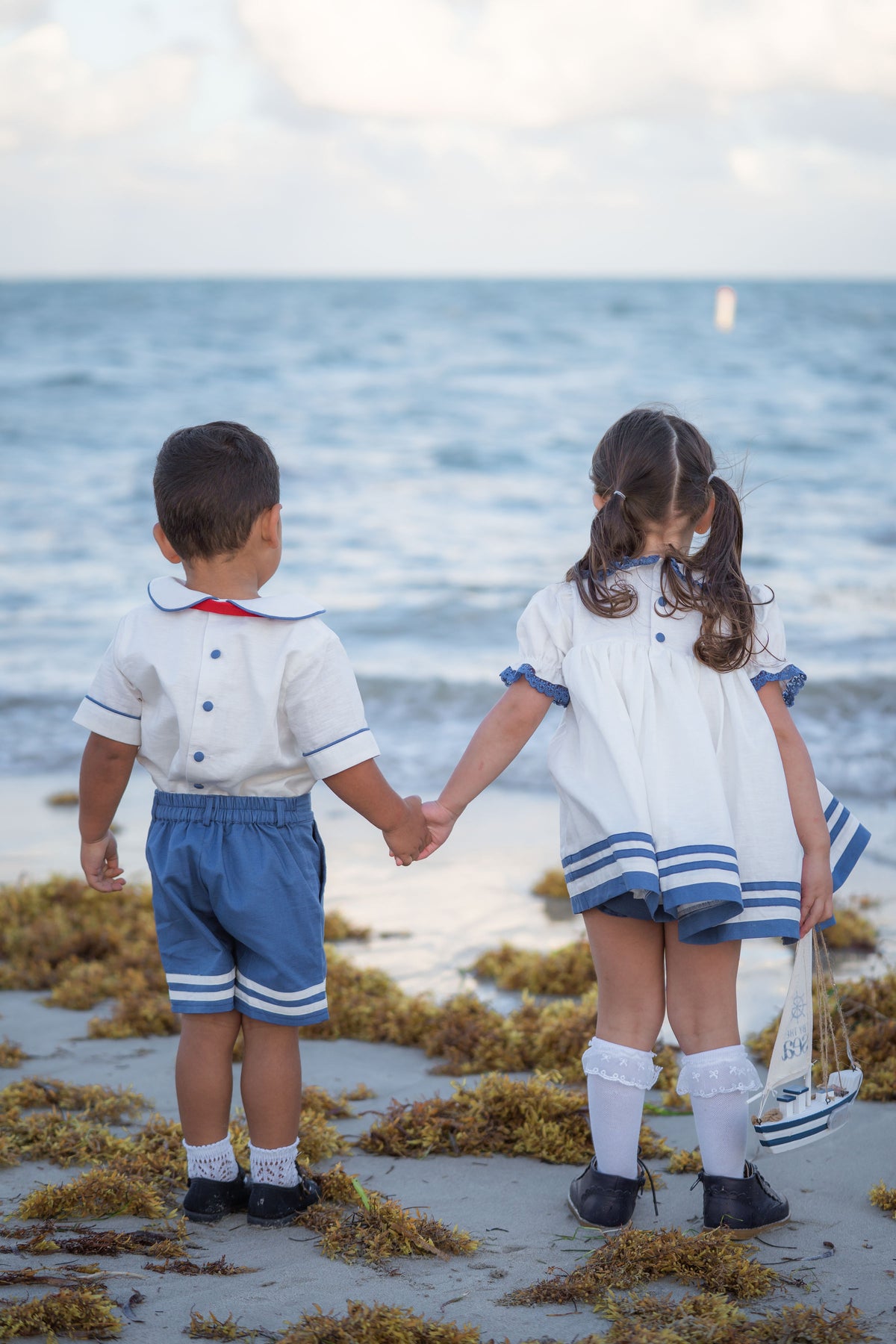 Seaside Elegance Dress – Hand Embroidered Cotton Linen Boutique Girls Dress | Nautical Lace Puff Sleeve Heirloom Style