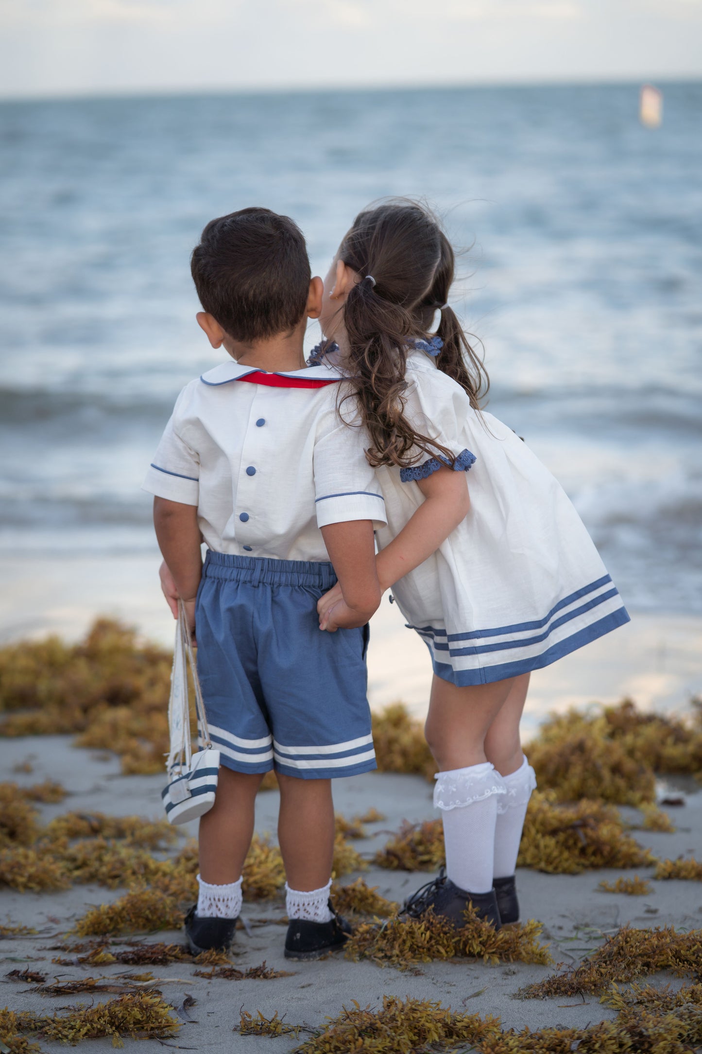 Seaside Elegance Dress – Hand Embroidered Cotton Linen Boutique Girls Dress | Nautical Lace Puff Sleeve Heirloom Style