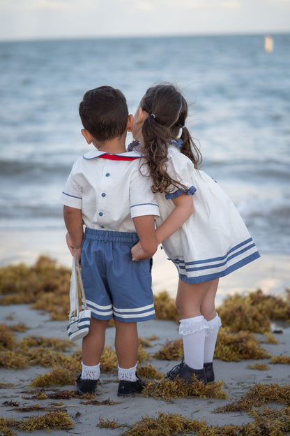 Seaside Elegance Dress – Hand Embroidered Cotton Linen Boutique Girls Dress | Nautical Lace Puff Sleeve Heirloom Style