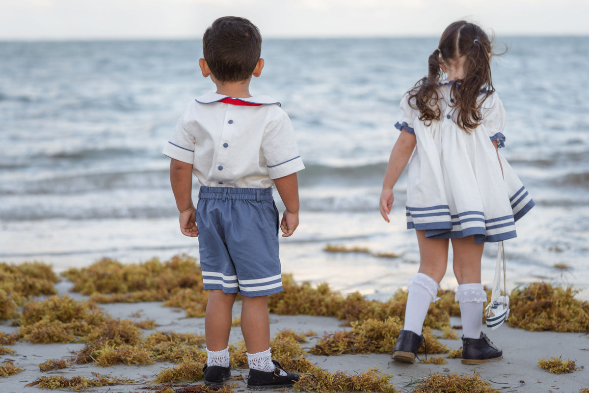 Seaside Elegance Dress – Hand Embroidered Cotton Linen Boutique Girls Dress | Nautical Lace Puff Sleeve Heirloom Style