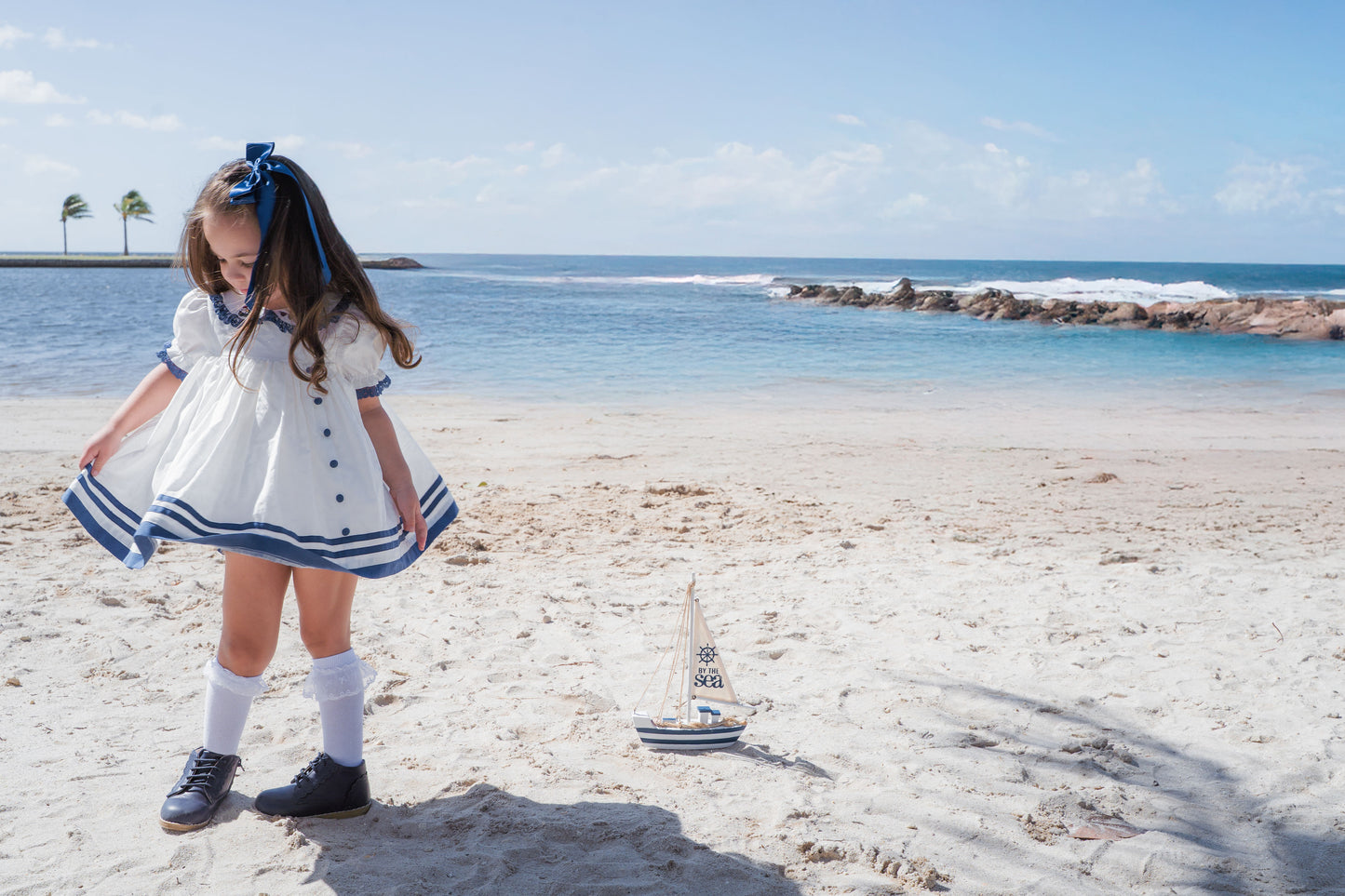 Seaside Elegance Dress – Hand Embroidered Cotton Linen Boutique Girls Dress | Nautical Lace Puff Sleeve Heirloom Style