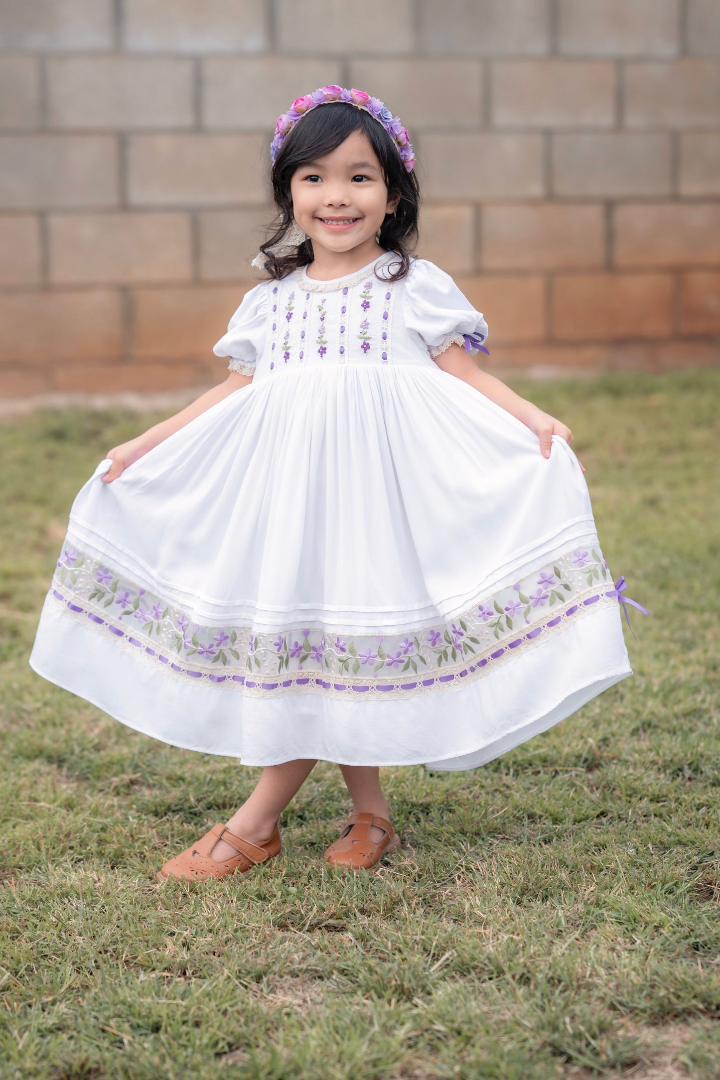 Violet Heirloom Bloom Dress – Hand Embroidered Vintage Inspired Boutique Girls Dress | Viscose Lace Collar Heirloom Style