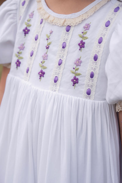Violet Heirloom Bloom Dress – Hand Embroidered Vintage Inspired Boutique Girls Dress | Viscose Lace Collar Heirloom Style