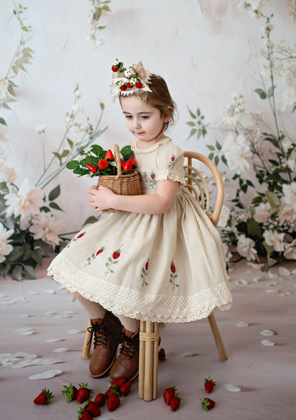 Strawberry Keepsake – Embroidered Girls Boutique Dress | Luxury Summer Birthday & Special Occasion Dress