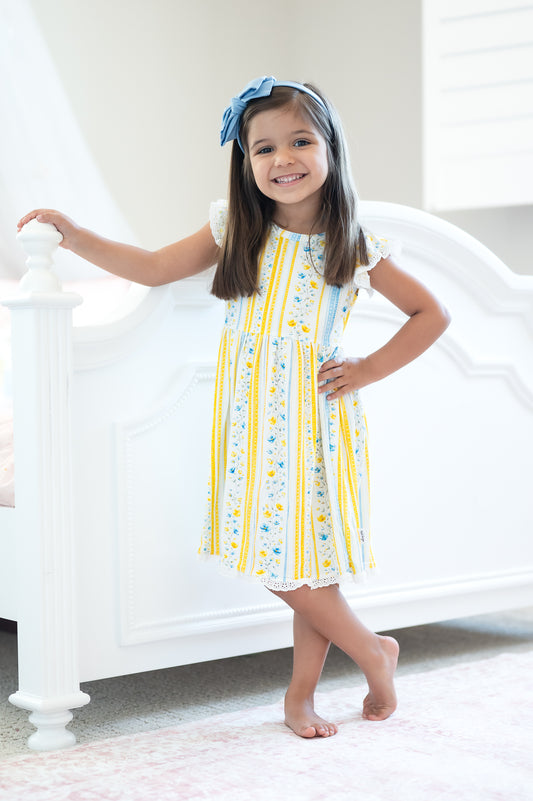 Sunshine & Daisies Girls Bamboo Dress | Yellow Floral