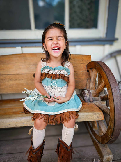 Teal Breeze and Blush Trail Romper – Vintage Inspired Boutique Girls Romper | Viscose Lace Fringe Cottagecore Style