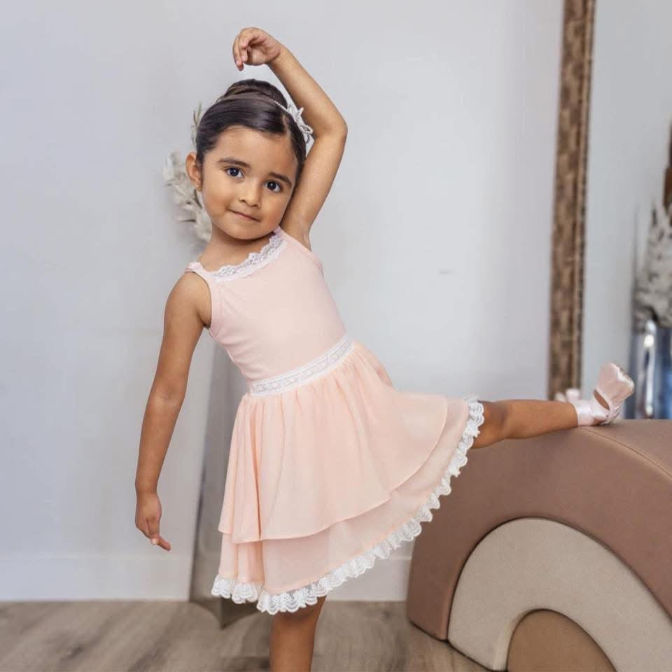 Ballet Pink Pirouette – Lace Detail Chiffon Boutique Girls Dance Leotard | Built-In Shorts Adjustable Straps Heirloom Style