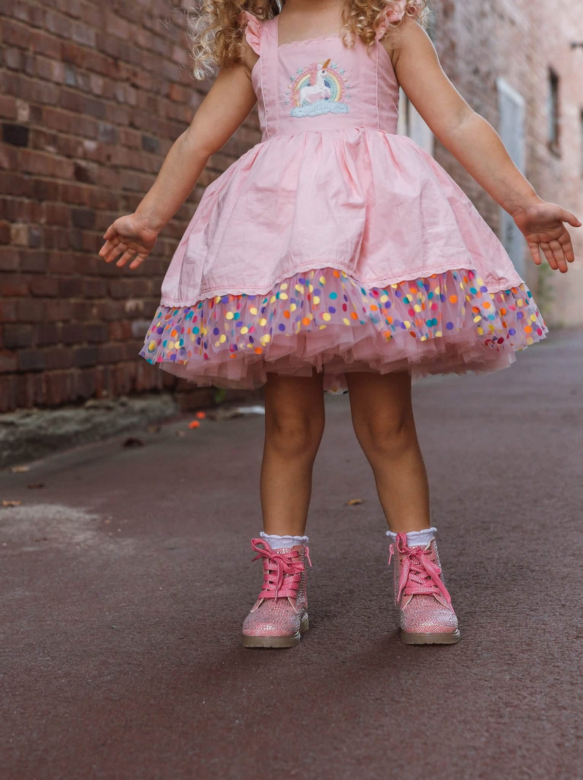 Unicorn Dreams Dress – HAND Embroidered Bodice | Cotton Boutique Girls Dress | Tulle Lace Ruffle Heirloom Style