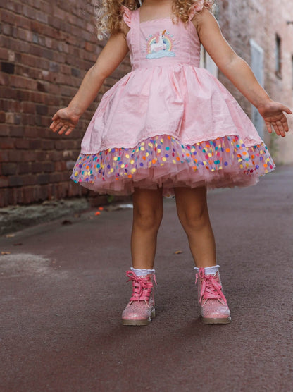 Unicorn Dreams Dress – HAND Embroidered Bodice | Cotton Boutique Girls Dress | Tulle Lace Ruffle Heirloom Style