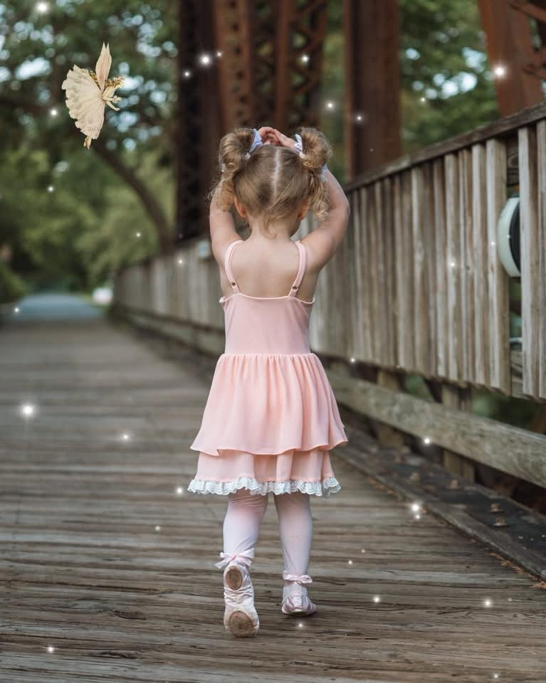 Ballet Pink Pirouette – Lace Detail Chiffon Boutique Girls Dance Leotard | Built-In Shorts Adjustable Straps Heirloom Style
