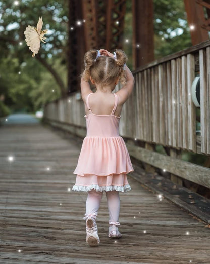 Ballet Pink Pirouette – Lace Detail Chiffon Boutique Girls Dance Leotard | Built-In Shorts Adjustable Straps Heirloom Style