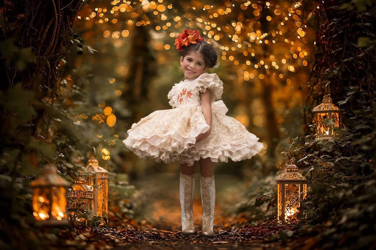 Falling in Lace — Embroidered Autumn Leaf Girls Dress | Gold Lace Ruffle Heirloom Boutique Dress