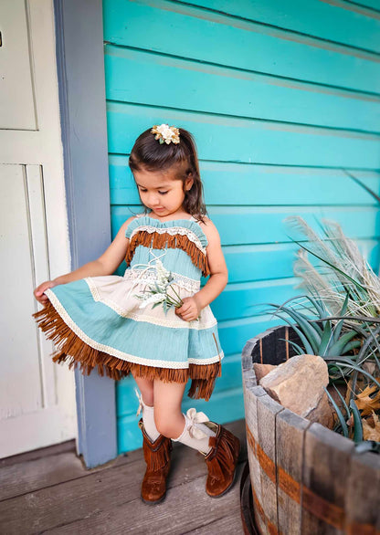 Teal Breeze and Blush Trail Romper – Vintage Inspired Boutique Girls Romper | Viscose Lace Fringe Cottagecore Style