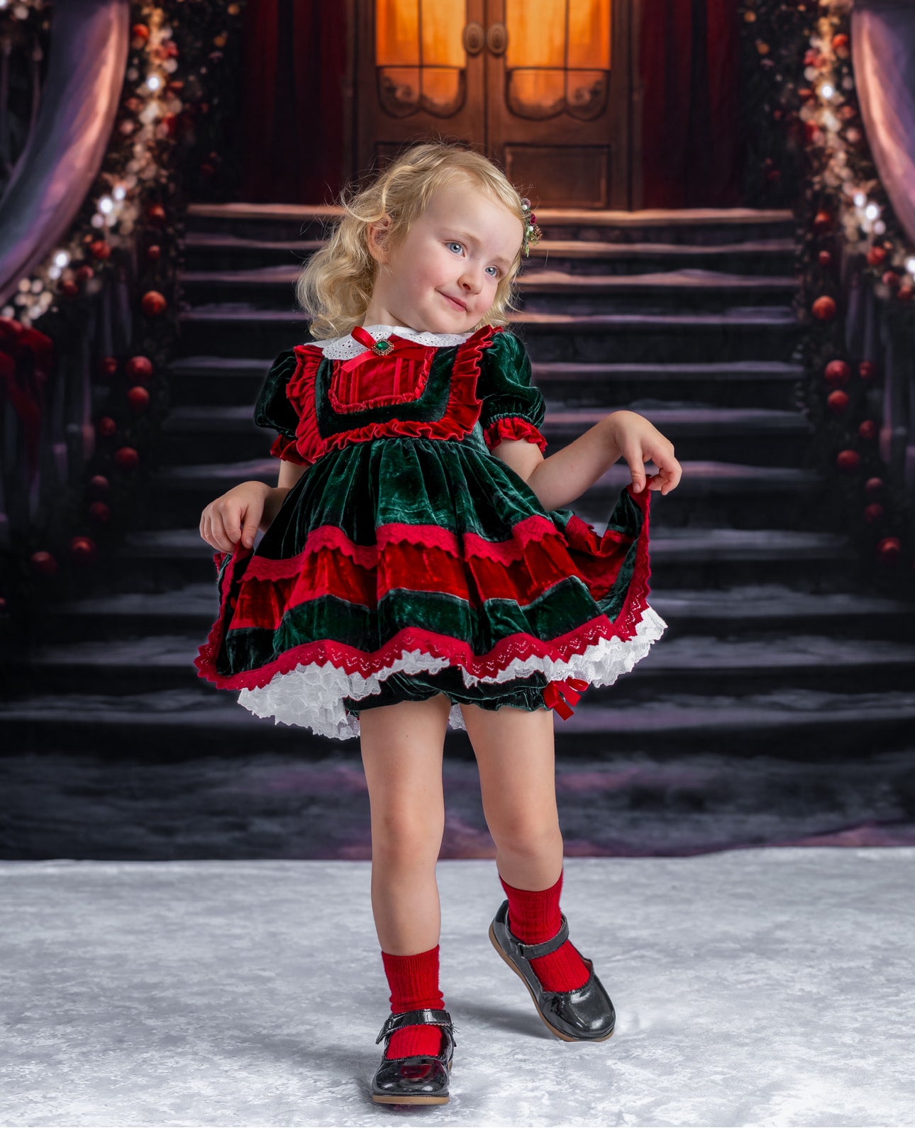 Velvet Noël Dress – Luxury Silk Velvet Boutique Girls Dress | Crochet Lace Pearl Button Holiday Heirloom Style