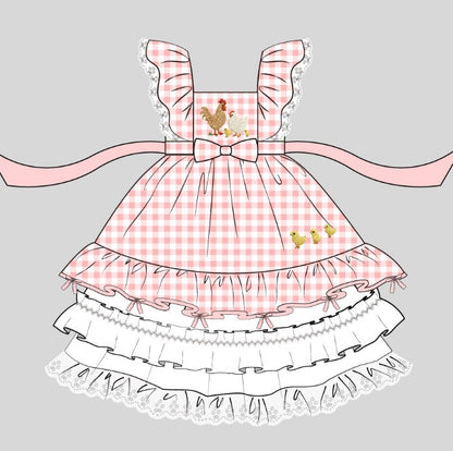 Emily's Little Farm Friends Dress in Pink – Hand Embroidered Vintage Inspired Cotton Boutique Girls Dress | Plaid Lace Ruffle Heirloom Style