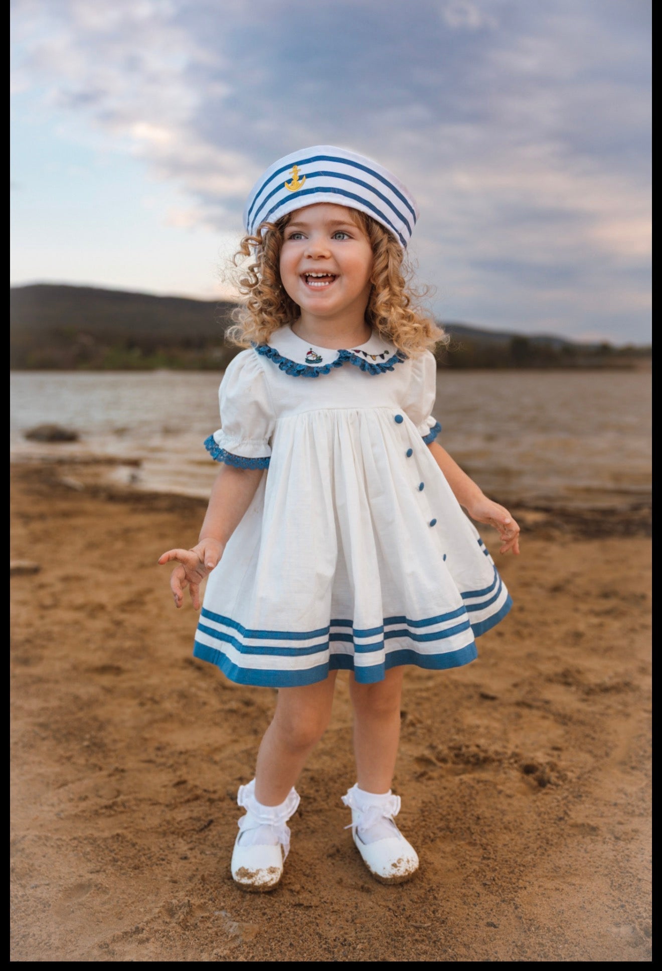 Seaside Elegance Dress – Hand Embroidered Cotton Linen Boutique Girls Dress | Nautical Lace Puff Sleeve Heirloom Style