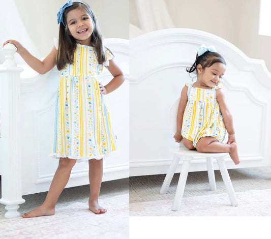 Sunshine & Daisies Sisters Set — Bamboo Dress & Bubble | Yellow Floral Sibling Bundle