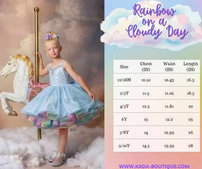 Rainbow on a Cloudy Day — Girls Rainbow Birthday Dress | Heirloom Tulle Petticoat & Bow Dress