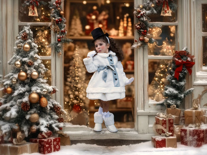 Hello Frosty Set – Luxury Silk Velvet Boutique Girls Set | Tweed Silver Faux Fur Coat Holiday Heirloom Style