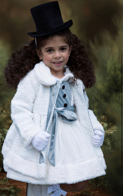 Hello Frosty Set – Luxury Silk Velvet Boutique Girls Set | Tweed Silver Faux Fur Coat Holiday Heirloom Style