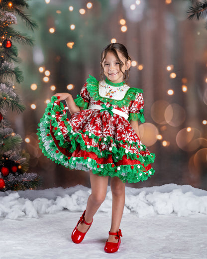 Santa's Reindeer Magic Dress – Embroidered Cotton Boutique Girls Dress | Snowflake Print Lace Ruffle Holiday Christmas Dress