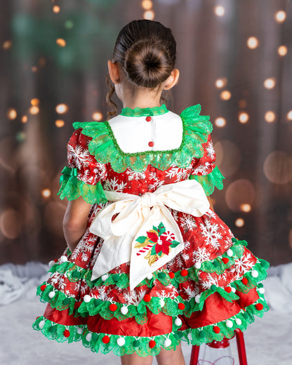 Santa's Reindeer Magic Dress – Embroidered Cotton Boutique Girls Dress | Snowflake Print Lace Ruffle Holiday Christmas Dress