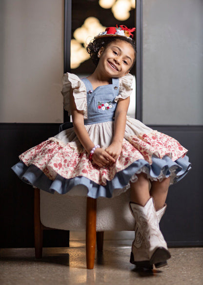 Prairie Rose Set – Embroidered Vintage Inspired Denim Cotton Boutique Girls Set | Floral Lined Jacket Petticoat Cottagecore Style