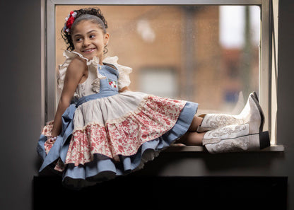 Prairie Rose Set – Embroidered Vintage Inspired Denim Cotton Boutique Girls Set | Floral Lined Jacket Petticoat Cottagecore Style