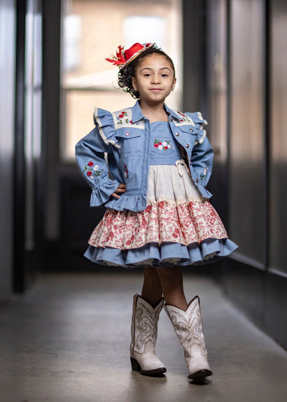 Prairie Rose Set – Embroidered Vintage Inspired Denim Cotton Boutique Girls Set | Floral Lined Jacket Petticoat Cottagecore Style