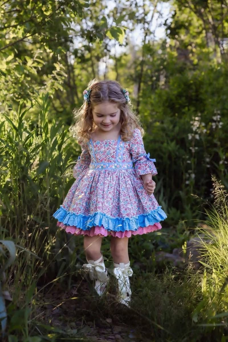 Forget Me Not Dress – Hand-Embroidered Heirloom Girls Dress | Floral Vintage Boutique Twirl Dress with Bloomers