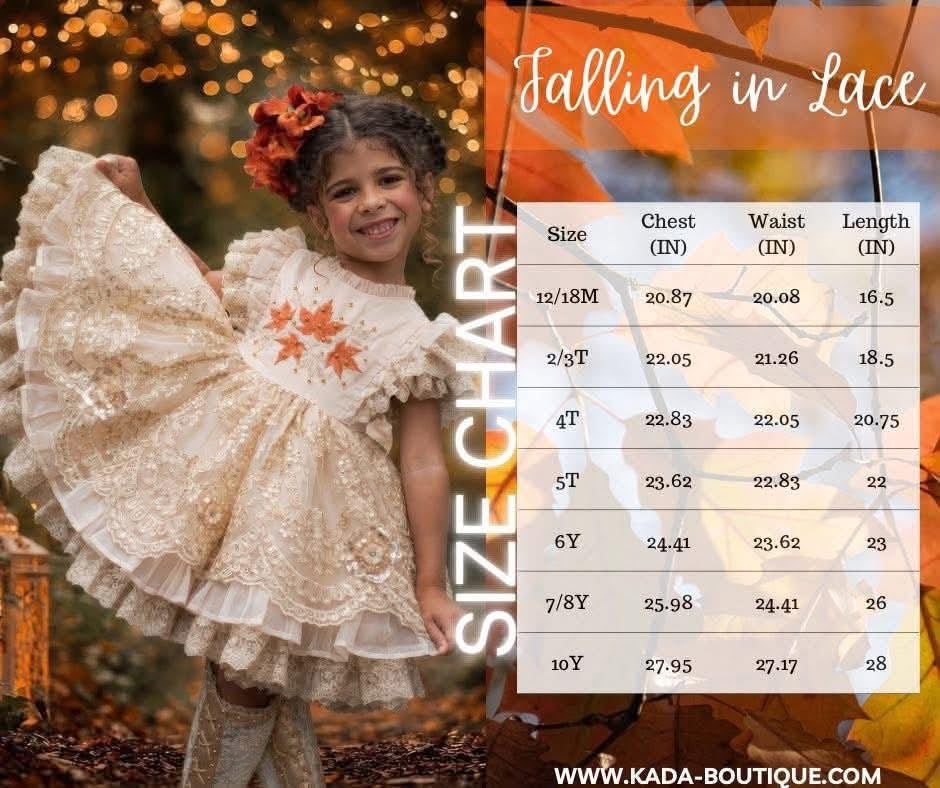 Falling in Lace — Embroidered Autumn Leaf Girls Dress | Gold Lace Ruffle Heirloom Boutique Dress