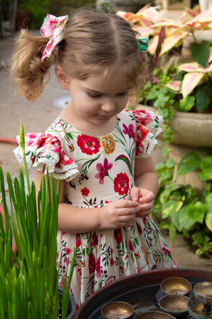 Wildflower Garden Dress – Floral Print Vintage Inspired Boutique Girls Dress | Pearl Button Heirloom Style Classic Girls Dress
