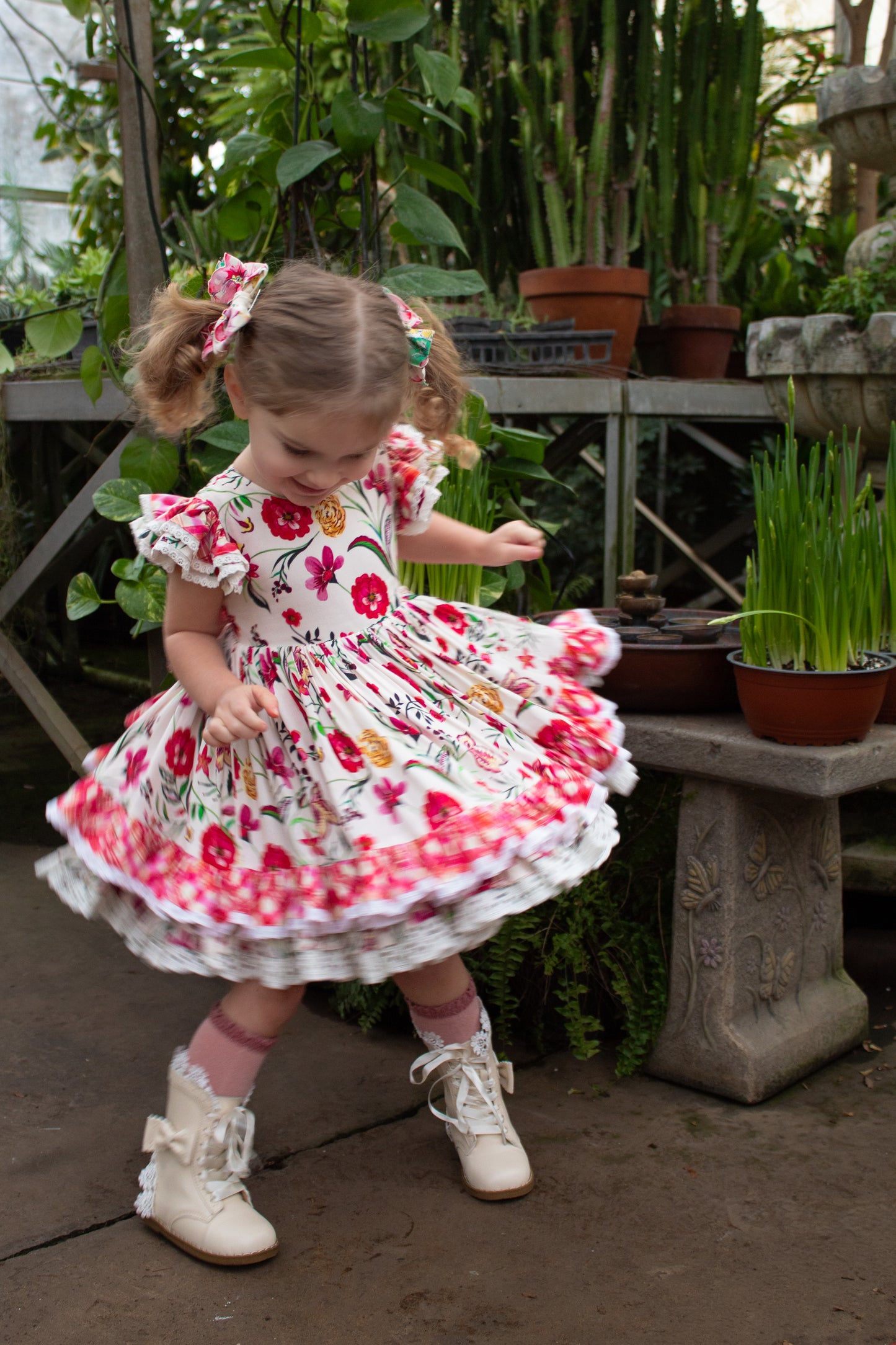 Wildflower Garden Dress – Floral Print Vintage Inspired Boutique Girls Dress | Pearl Button Heirloom Style Classic Girls Dress