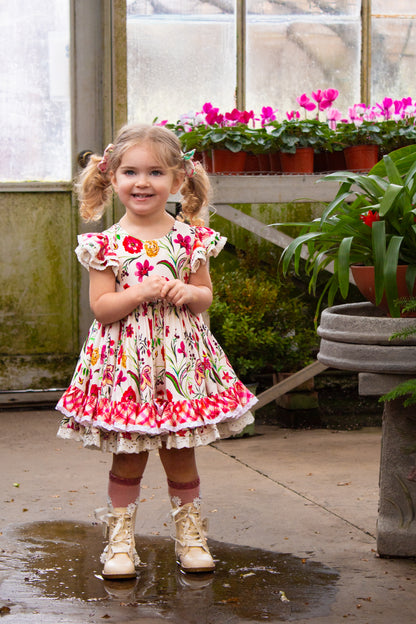Wildflower Garden Dress – Floral Print Vintage Inspired Boutique Girls Dress | Pearl Button Heirloom Style Classic Girls Dress