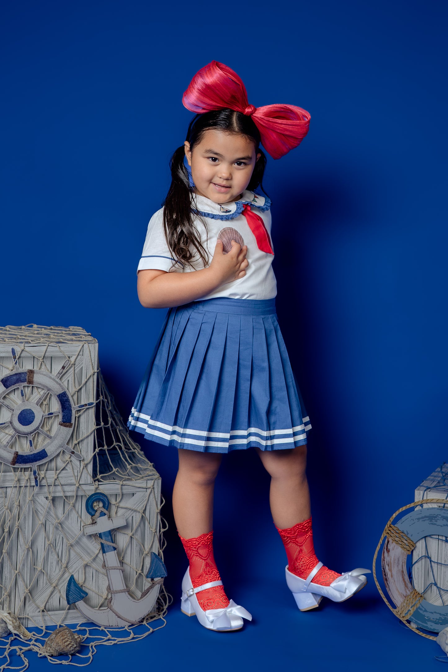 Seaside Skort & Top Set – Hand Embroidered Cotton Linen Boutique Girls Set | Nautical Pleated Skort Heirloom Style