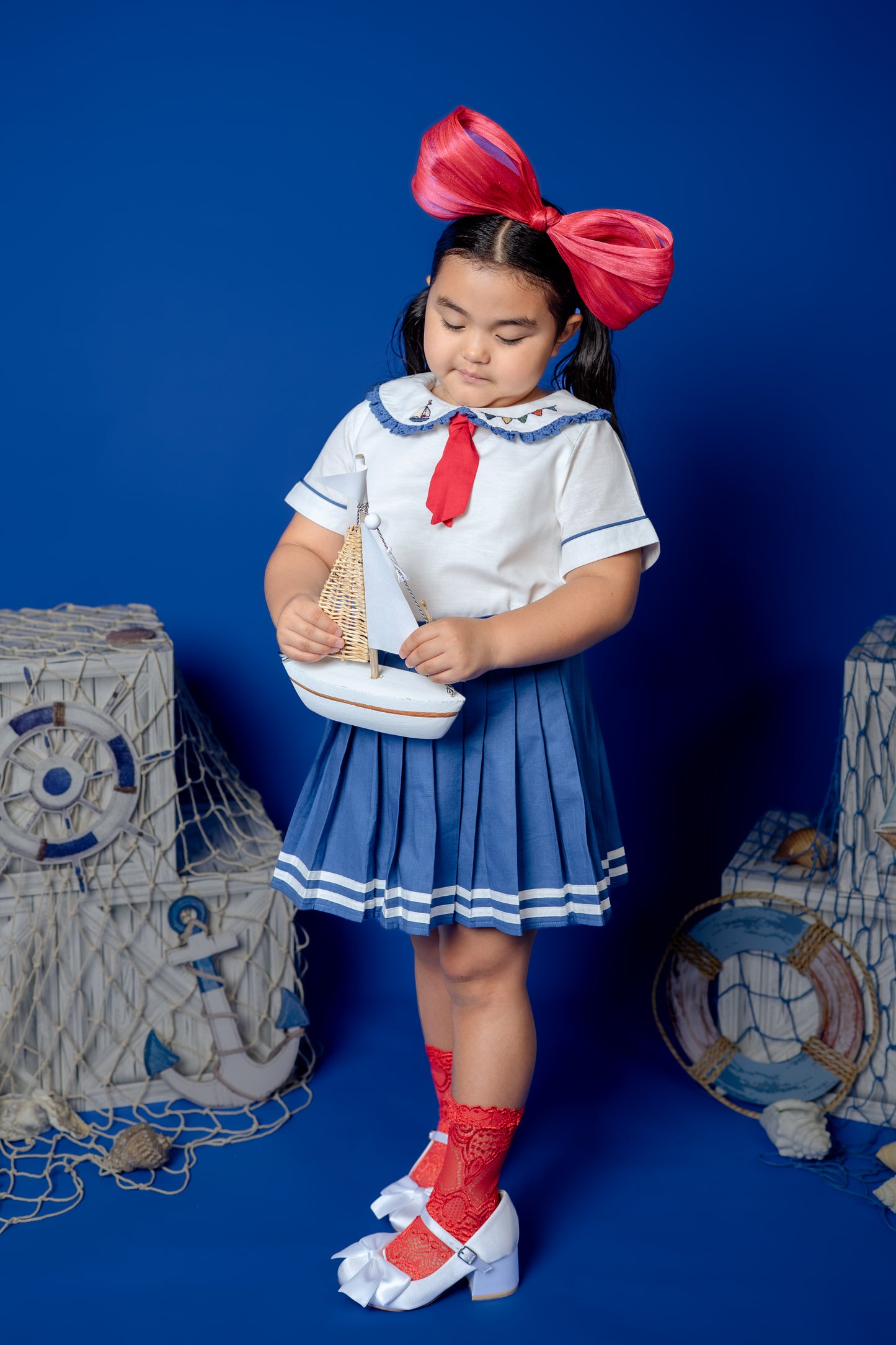 Seaside Skort & Top Set – Hand Embroidered Cotton Linen Boutique Girls Set | Nautical Pleated Skort Heirloom Style