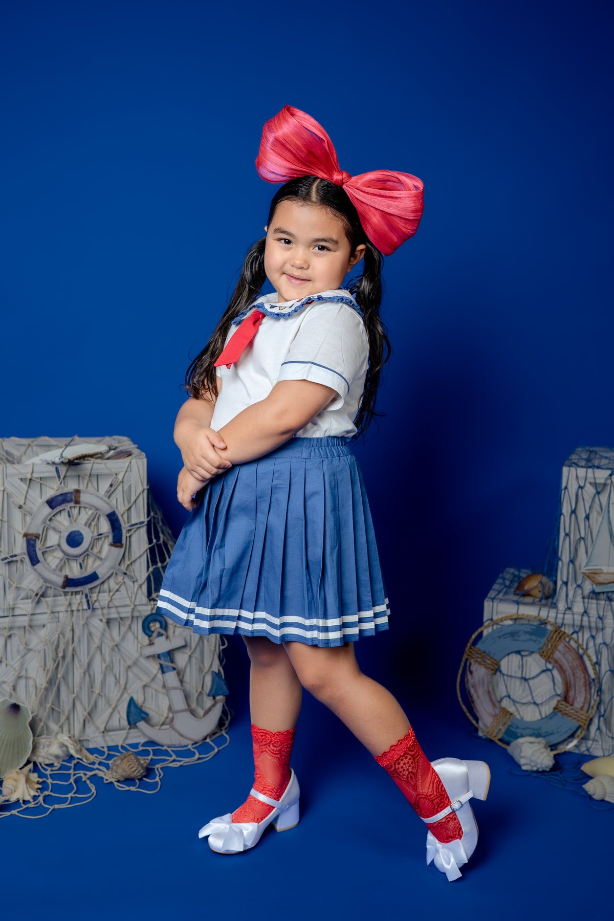 Seaside Skort & Top Set – Hand Embroidered Cotton Linen Boutique Girls Set | Nautical Pleated Skort Heirloom Style