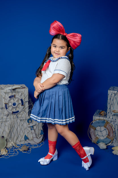 Seaside Skort & Top Set – Hand Embroidered Cotton Linen Boutique Girls Set | Nautical Pleated Skort Heirloom Style